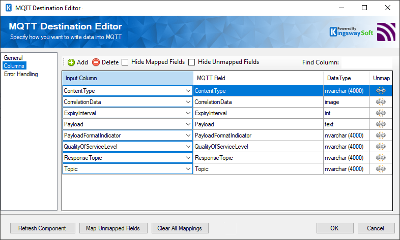 SSIS MQTT Destination - columns